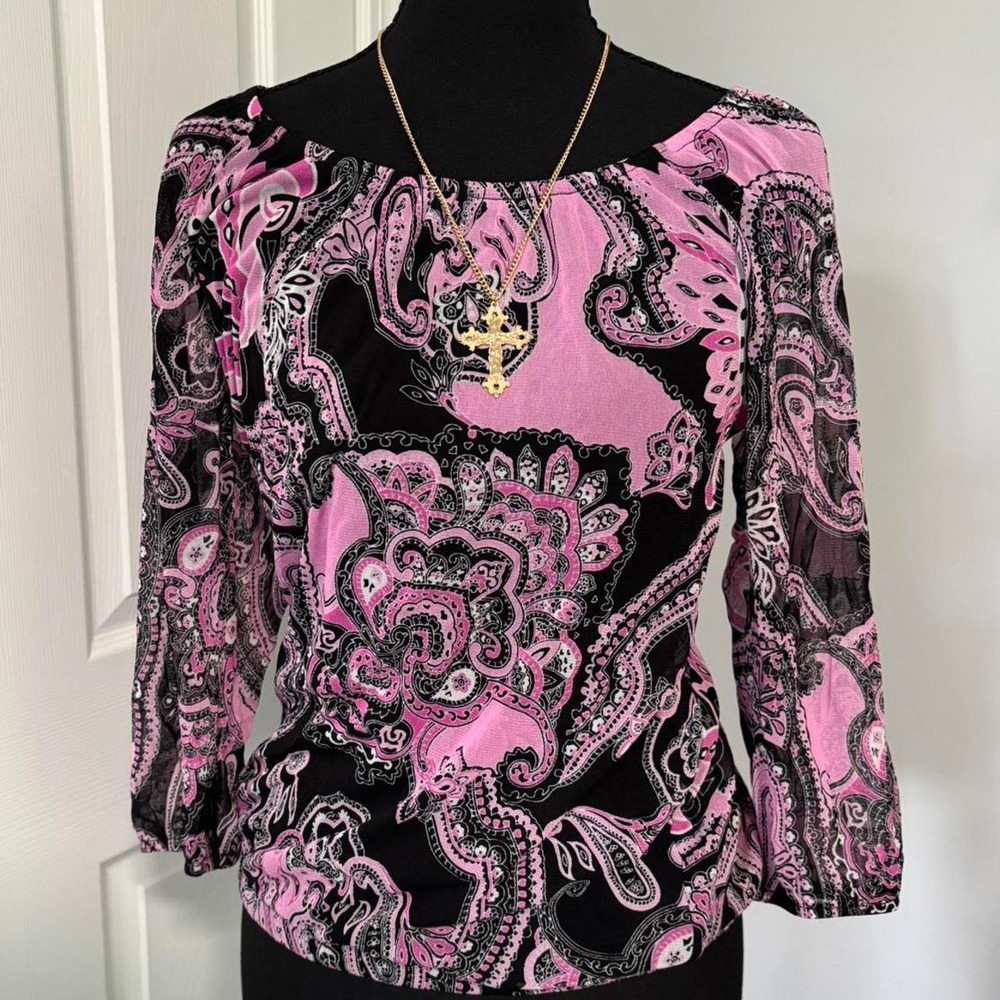 Y2K Pink Paisley Mesh Sleeve Blouse